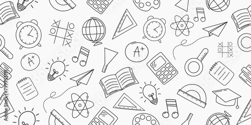 Seamless pattern with hand-drawn school supplies. Back to school. Vector illustration