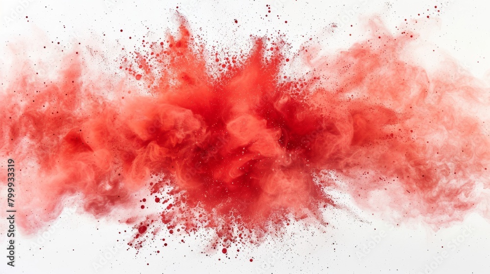 A dynamic interaction of red smoke and paint splatters, reminiscent of a fiery eruption frozen in time.