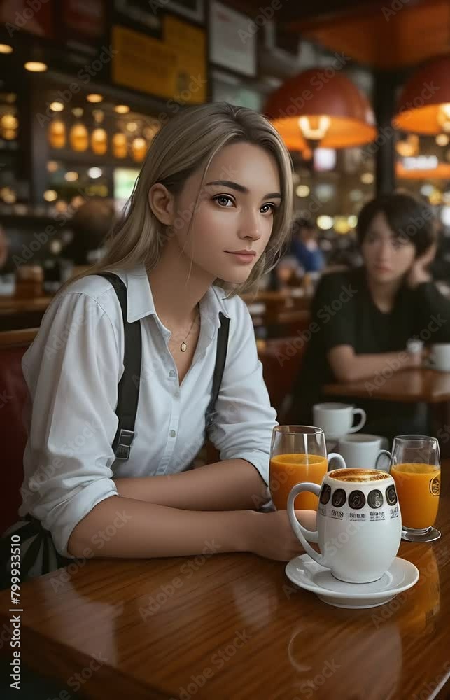 Portrait blonde woman relaxing at restaurant table with mug of hot coffee, cozy cafe vibe Portrait blonde woman relaxing at restaurant table with mug of hot coffee, cozy cafe vibe