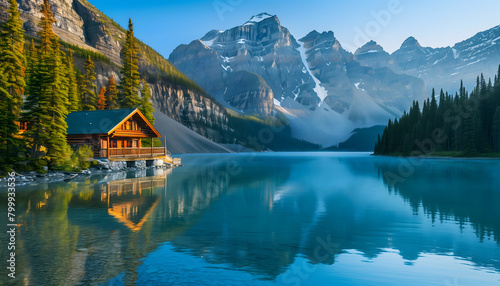 A small cozy wooden cabin is nestled in amidst towering mountains, sitting by a crystal-clear lake. The rugged peaks, dusted with snow, form a breathtaking backdrop against the clear blue sky