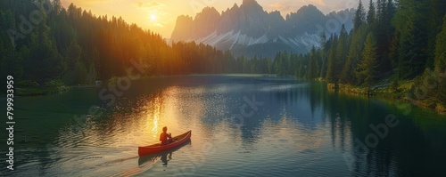 Aerial view of a person with a canoe along Misurina Lake at sunset, Auronzo di Cadore, Dolomites, Veneto, Italy.