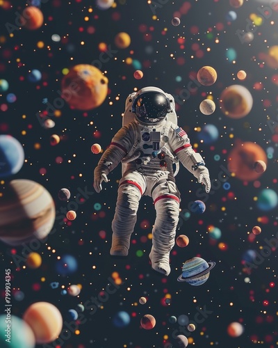 Astronaut floating in colorful space.