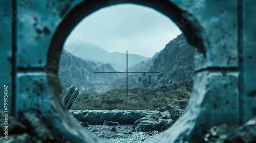 View through a sniper scope with crosshairs focusing on a mountainous landscape, framed by a rusty, circular metal structure. photo