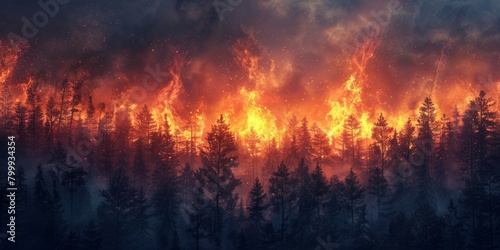 Intense Wildfire Engulfing a Forest at Dusk