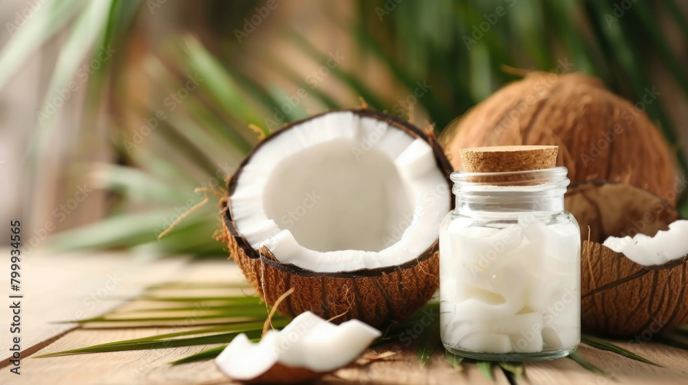 Presentation pure high quality solid coconut oil. Coconut oil for cooking and cosmetic purposes. Jar with white oil, coconut halves and palm branches on horizontal background