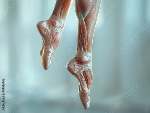 The image shows ballet dancer's feet en pointe with muscles exposed. photo