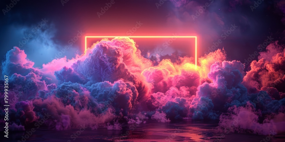 Pink and Yellow Neon Light with Cloud Formation. Square shaped Fluorescent Frame in Dark Environment. Pink and Yellow Neon Light with Cloud Formation. Square shaped Fluorescent Frame in Dark Environment.