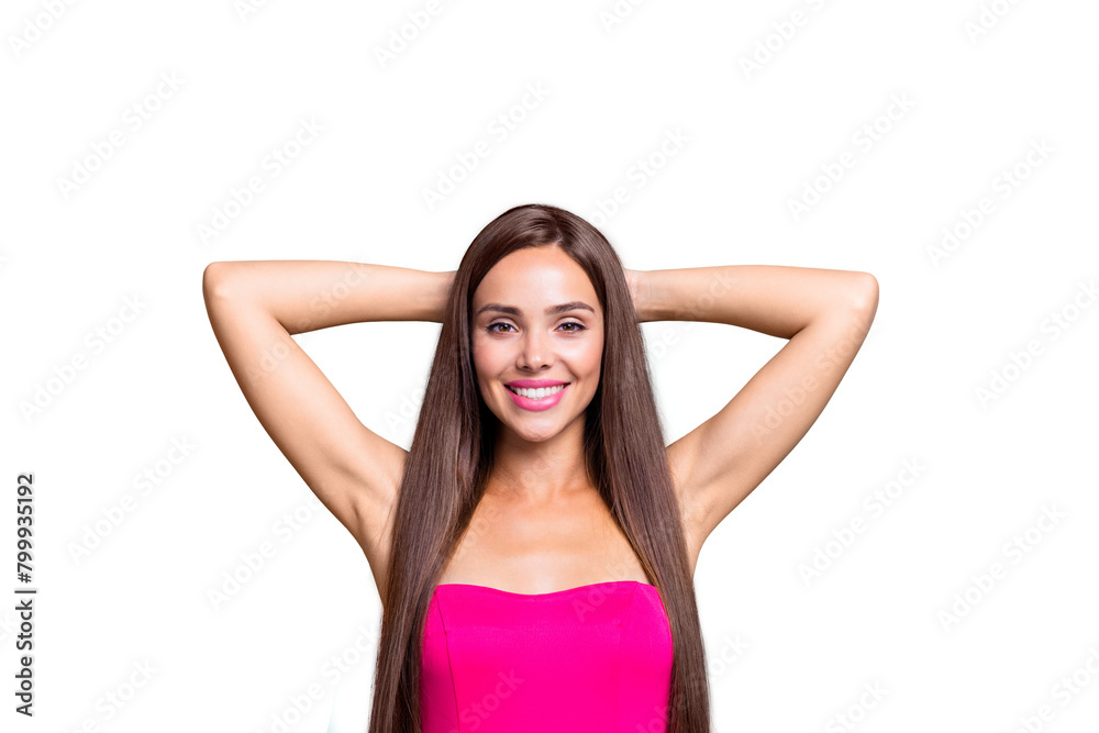 Portrait of young straight-haired sweet tender brunette smiling girl with long hair, wearing pink top, having rest, hands behind head. Isolated over bright vivid turquoise background Portrait of young straight-haired sweet tender brunette smiling girl with long hair, wearing pink top, having rest, hands behind head. Isolated over bright vivid turquoise background