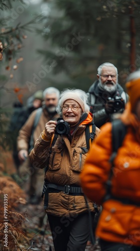 Group of senior people taking a photo with a camera while they are out hiking and preparing to camp in a forest