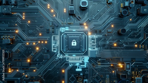 Detailed view of a futuristic motherboard highlighting advanced circuitry and a central lock symbol for cybersecurity.