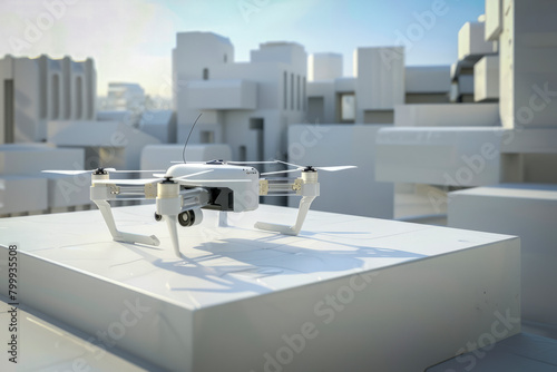 A sleek white drone landed on a white podium amidst a backdrop of urban architecture, epitomizing modernity and technological sophistication. Generative AI. © Aliaksandr Kisel