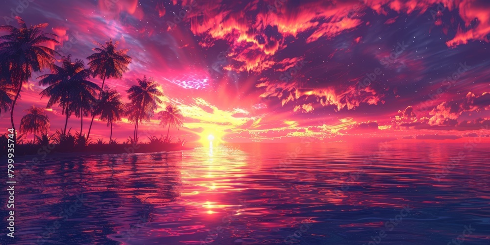 Colourful Sunset on a Paradise Island with Palm Trees, Silhouettes and Glossy Reflective Water.