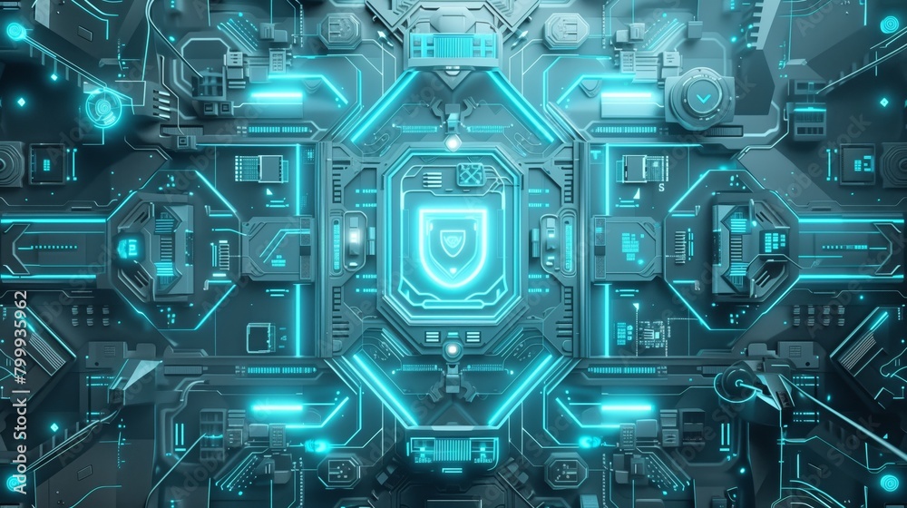 Intricate futuristic digital circuit board background in cool blue and teal tones, featuring a central shield symbol.