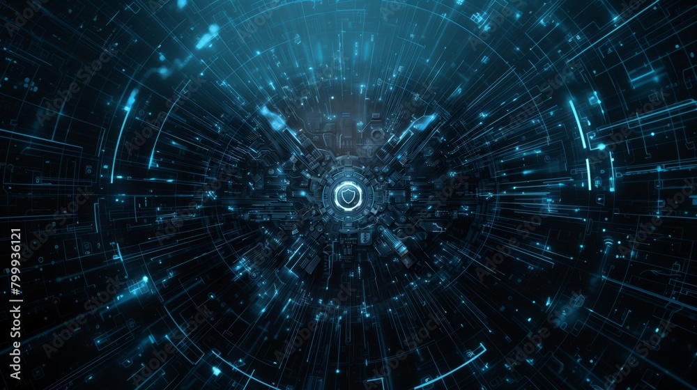 Fototapeta premium Futuristic blue digital tunnel with glowing circuit patterns and a bright central core.