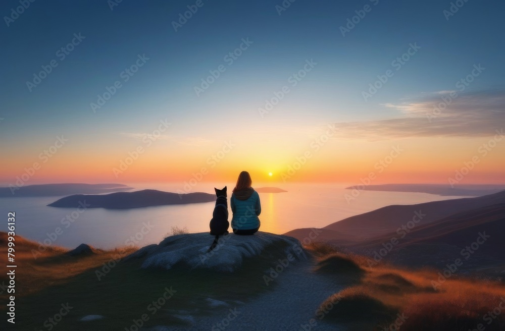 A girl and a dog are sitting on the top of a mountain in the rays of the setting sun