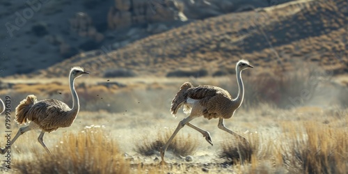 Ostriches running in the wild photo