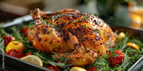 Roasted chicken on a bed of herbs with lemon and butter