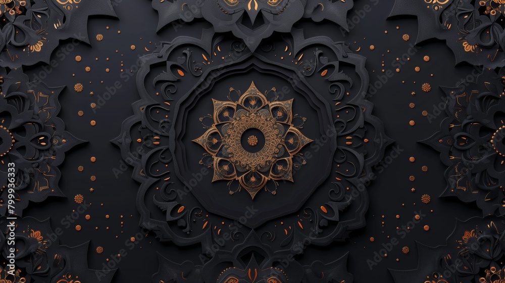 Elegant black and gold ornamental design featuring layered floral and geometric patterns.