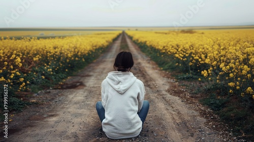  Smutna dziewczyna siedząca blisko pola z rzepakiem