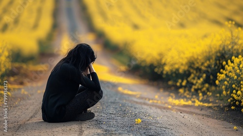  Smutna dziewczyna siedząca blisko pola z rzepakiem photo
