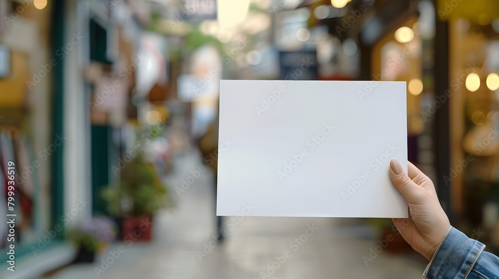 an image of a hand holding an a5 proportion flyer, with a blurred shop background an image of a hand holding an a5 proportion flyer, with a blurred shop background