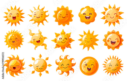 Cartoon cute suns icons, funny smile sun character face comic sunshine happy emotion sunlight solar weather set isolated vector illustration