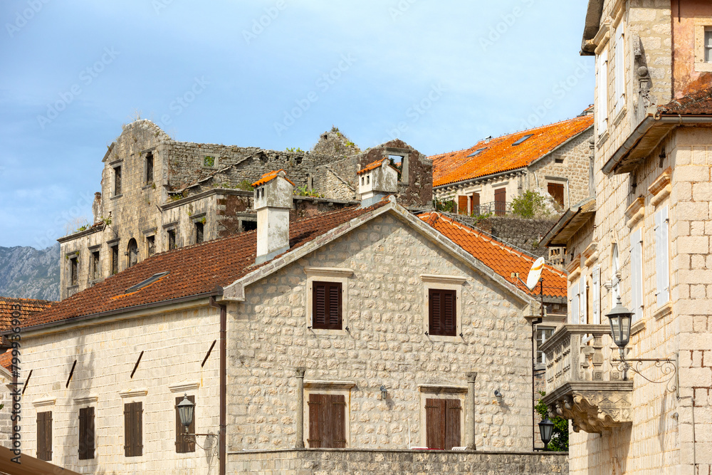 Houses of Perast, Montenegro and flowers