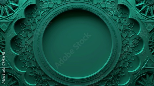 A detailed image of an elegant green circular frame surrounded by intricate geometric and floral patterns.