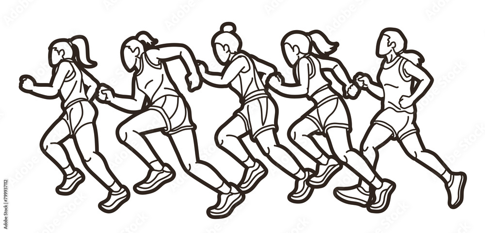 Group of Women Start Running Runner Action Jogging Together Cartoon Sport Graphic Vector