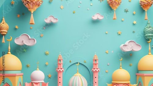 Festive Eid al-Fitr banner featuring whimsical cartoon mosques and floating lanterns on a teal background. photo