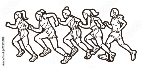Group of Women Start Running Runner Action Jogging Together Cartoon Sport Graphic Vector