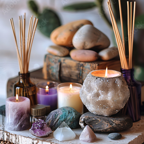 candles together with mineral stones and essences photo