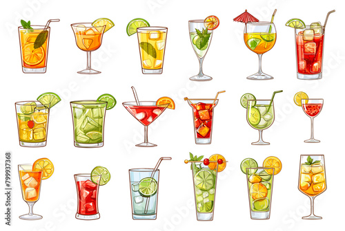 Cartoon summer cocktails, alcohol or nonalcohol refreshment drinks with straw lemon mint lime ice cocktail party bar menu set vector illustration