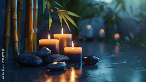 relaxing image with black candles and bamboo canes with copyspace