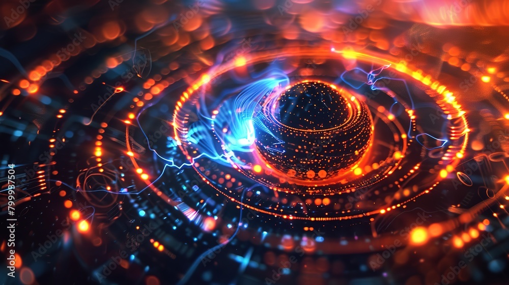 High tech server visualization, displaying particle data streams, circular computing interfaces, and virtual reality environments High tech server visualization, displaying particle data streams, circular computing interfaces, and virtual reality environments