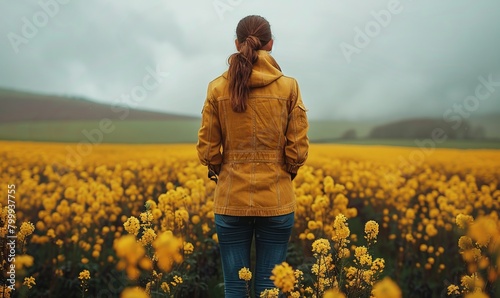 Woman with hands in pockets standing in rapeseed field