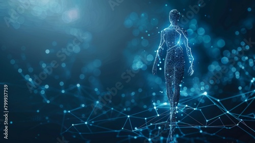 3D wireframe rendering of an AI human figure in the holographic style