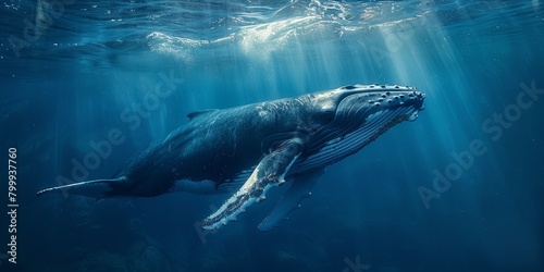 Majestic humpback whale swimming in blue ocean waters