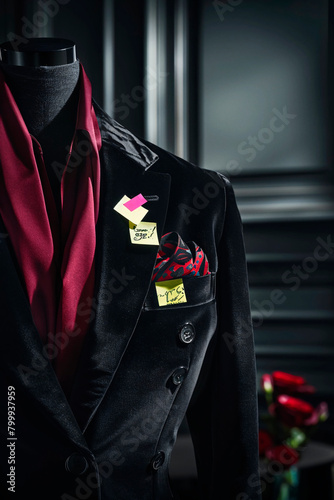 This image showcases a luxurious tuxedo with a chic pocket square and red scarf, exuding elegance, style, and sophisticated fashion photo