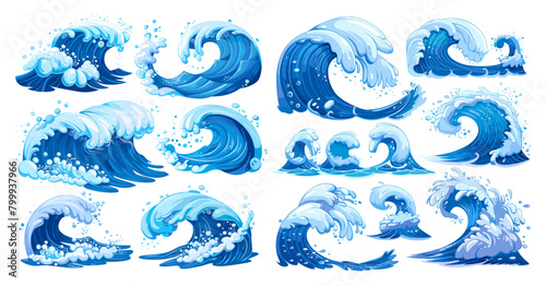 Cartoon waves, ocean wave splash motion sea storm tide for surf, swirl curve blue water liquid flow with wet foam aqua splashing set vector illustration © ssstocker