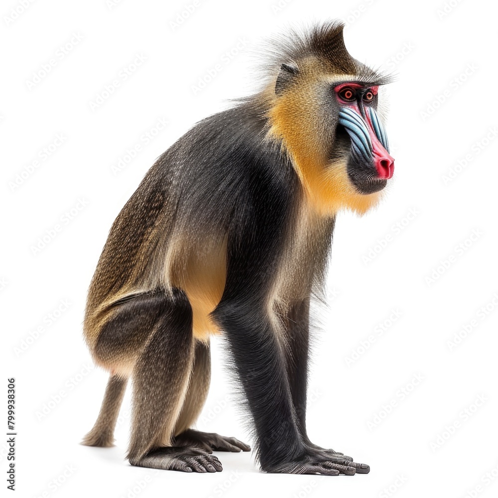 Mandrill monkey standing side view isolated on white background, photo realistic. Mandrill monkey standing side view isolated on white background, photo realistic.