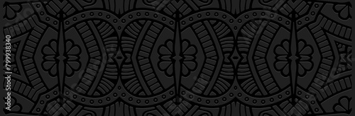 Banner. Embossed geometric luxury vintage 3D pattern on black background. Ornaments, ethnic cover design, handmade. Boho motifs, unique exoticism of the East, Asia, India, Mexico, Aztec, Peru. photo