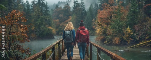 A young couple enjoys a hike on a bridge in the Pacific Northwest.