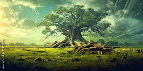 Lonely green oak tree in the field