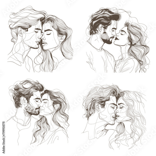 Couple one line style, romantic couples kiss continuous outline contour man lover woman portrait together abstract love hand drawn drawing set vector illustration