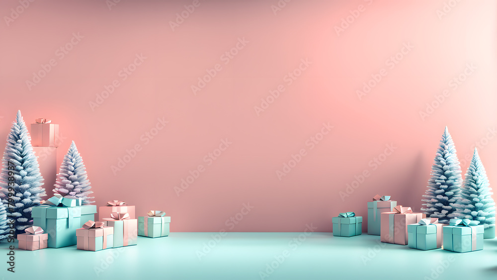 A pink and blue background with a Christmas tree and presents