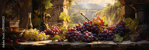 A bunch of grapes hanging from a vine, with a few grapes fallen on the ground, and a wine bottle nearby, in a rustic setting.