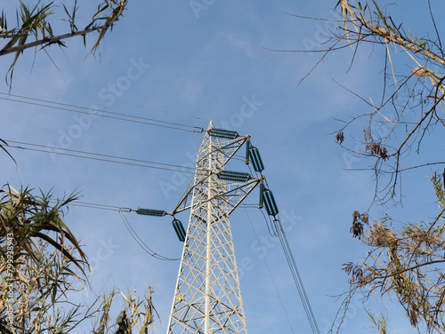 High voltage pylon seen from bottom to top