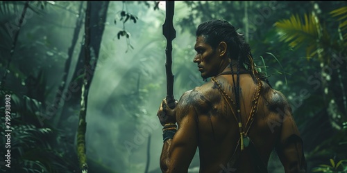 Indigenous amazon man with a spear in nature