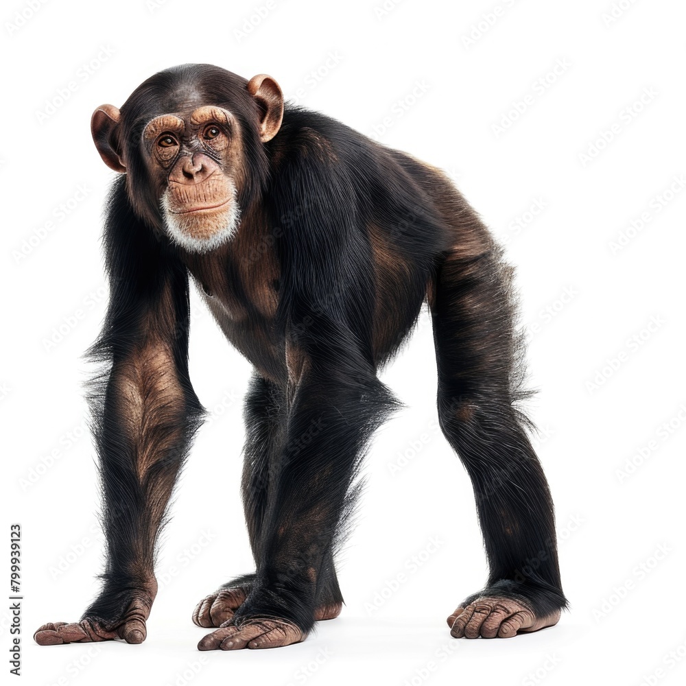 Chimpanzee monkey standing side view isolated on white background, photo realistic. Chimpanzee monkey standing side view isolated on white background, photo realistic.